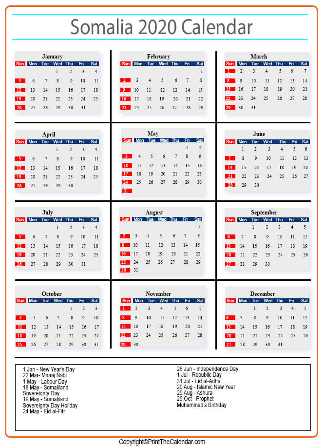 Somalia Calendar 2020